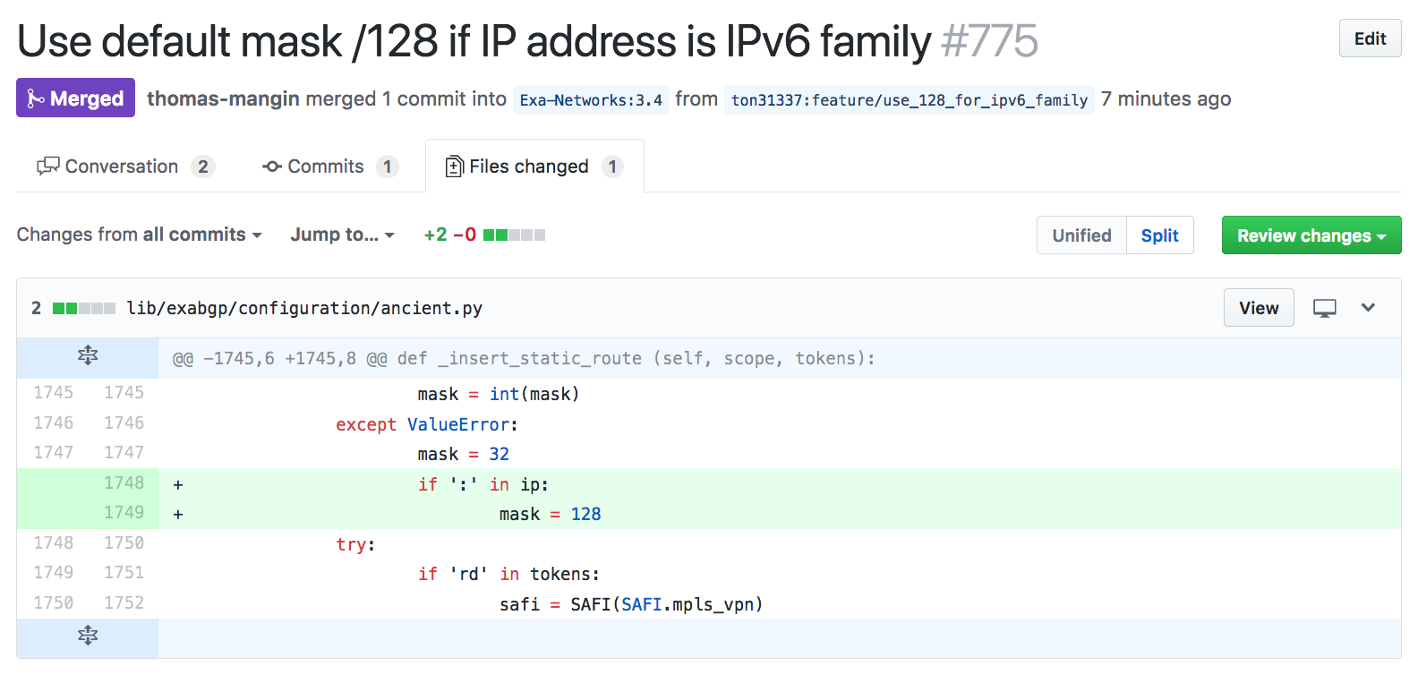 default ExaBGP IPv6 prefix mask